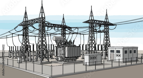 Detailed schematic illustration showcasing the network of power substations and electrical grid infrastructure in modern industries