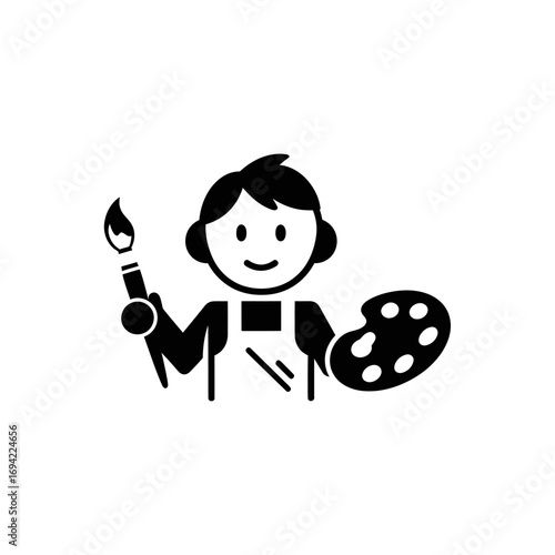 Happy artist holding paintbrush and palette.