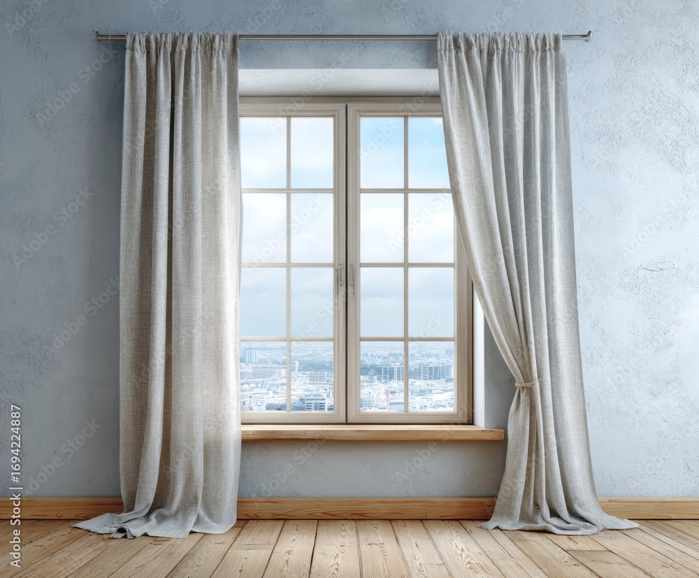 Fototapeta premium Light-filled room with a large window, draped in light beige curtains, showcasing a tranquil cityscape view.
