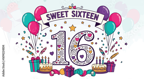 Cheerful Sweet Sixteen Celebration Design with Balloons, Cakes, Presents, and Festive Decorations for Teen Birthday