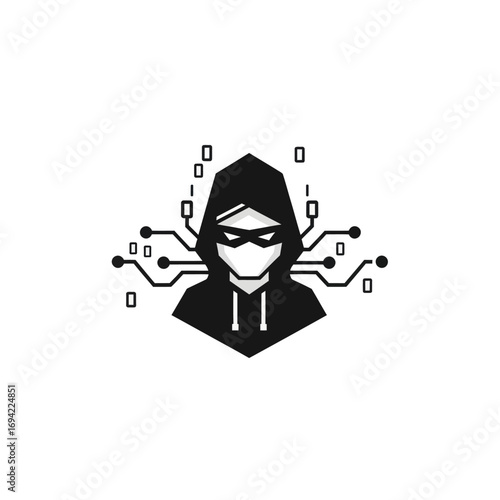 Masked Hacker Figure in Circuit Board Design.