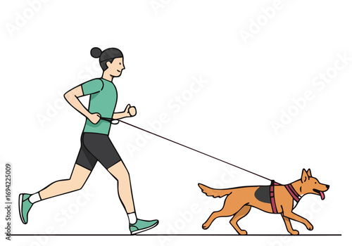 A woman jogs with her energetic dog, capturing 'Jog Dog Energy'. A vibrant, modern illustration with a pink background. Perfect for fitness, pet, or lifestyle themes.