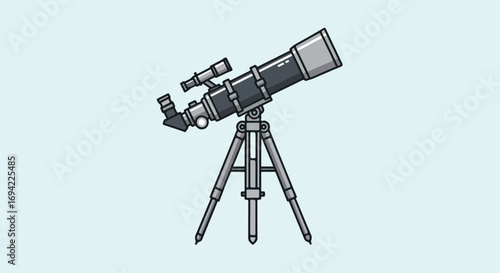Cartoon illustration of a telescope on a tripod against a soft blue background ready for astronomical observation and educational purposes