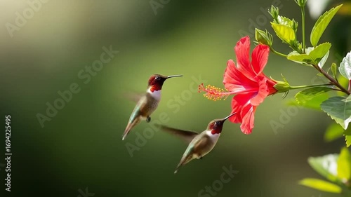 Two Ruby Throated Hummingbirds Feeding on a Red Hibiscus Flower.