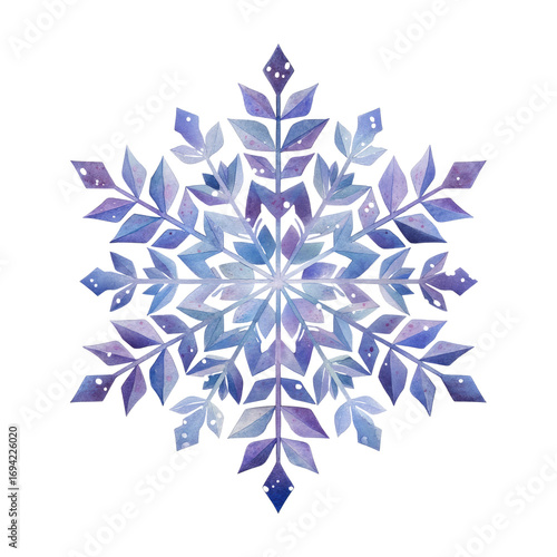 Ornate watercolor snowflake with geometric leaf patterns in purple and blue hues.
