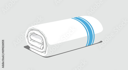 Neatly rolled white towel with blue stripes, minimalist design for cleanliness and comfort conveys spa aesthetic 62 characters  conveys simplicity