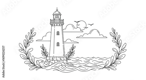 A picturesque lighthouse scene with a setting sun and laurel branches, isolated on white background, capturing the essence of coastal beauty and maritime heritage