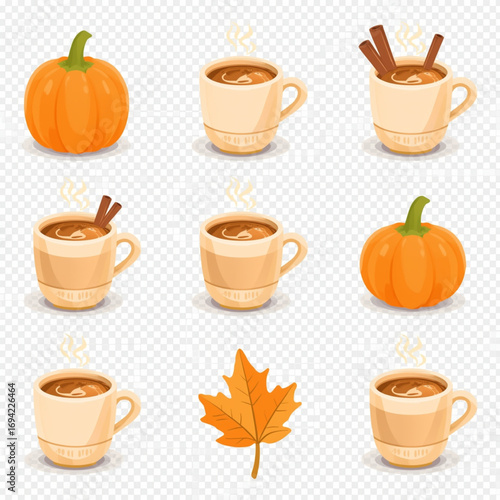 Set of 10 Fall Coffee Mug 3D Vector Icons with Pumpkin Spice and Maple Leaves