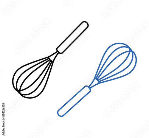Simple outline drawing of a kitchen whisk on a black and blue background cooking baking