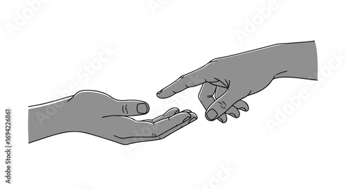 Stylized illustration of two hands reaching towards each other in a gesture of connection and aid illustration design hands help