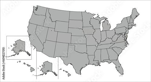 Minimalist Vector Graphic Depicting the Continental United States, Alaska and Hawaii Outlines in Grey with Crisp Black Borders