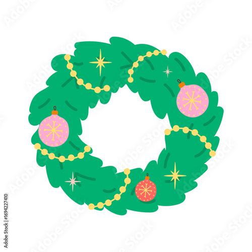 Decorative christmas wreath with ornaments and festive baubles illustration