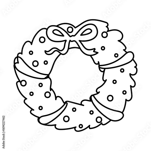 Outline christmas wreath with festive holiday ribbon bow design