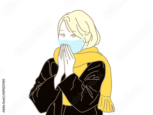 女性　イラスト　咳　寒い