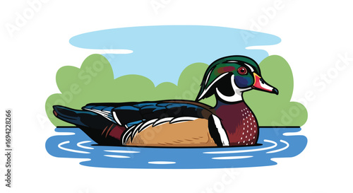 Vibrant aquatic avian illustration showcasing a colorful duck swimming serenely in a peaceful body of water amidst lush greenery