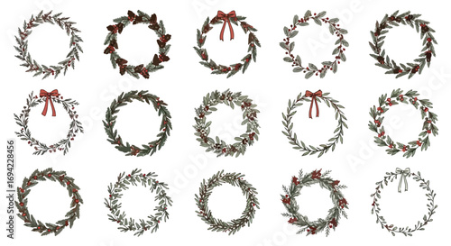 Collection of festive watercolor wreaths with botanical elements for seasonal decor and holiday crafting