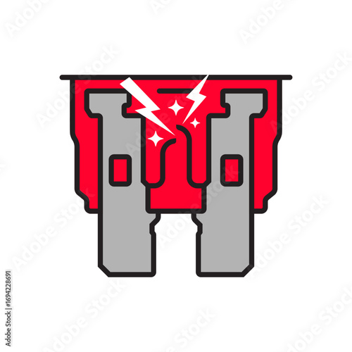 Broken fuse. Fuse of electrical protection component. Automotive fuse, is used to protect the wiring and electrical equipment for vehicles. Vector illustration flat design.