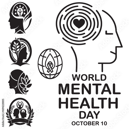 World Mental Health Day October 10 Illustrations with Human Head Silhouettes Nature Symbols and Mental Wellness Icons for Awareness and Support Campaigns