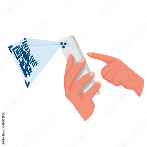 Verification application. Scanning QR code on mobile phone. Vector illustration isometric design. Isolated on background. Modern digital technology. Product identification on a big box.
