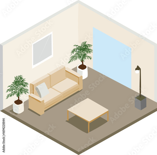 リビングのアイソメトリックなイラスト、ベージュ
Living room isometric illustration, beige