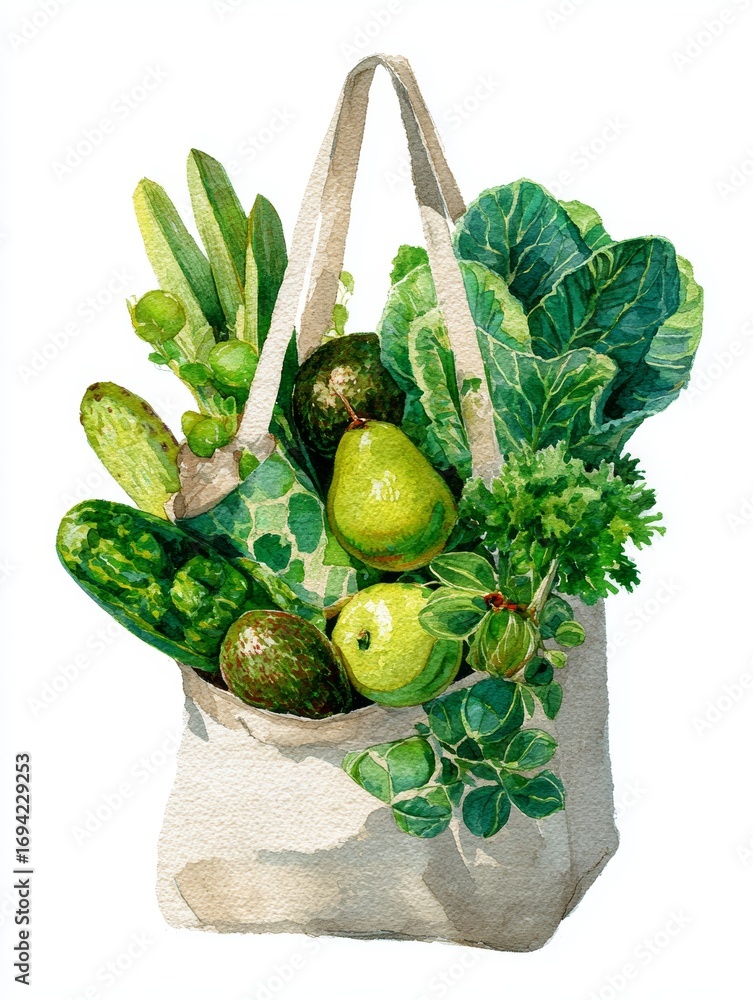custom made wallpaper toronto digitalVibrant Green Toned Watercolor Illustration Of Eco Tote Bag Filled With Fresh Produce On White Background