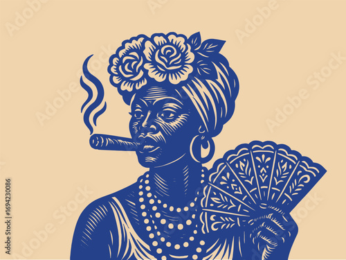 Cuban woman cigar fan engraving retro thick line vector illustration
