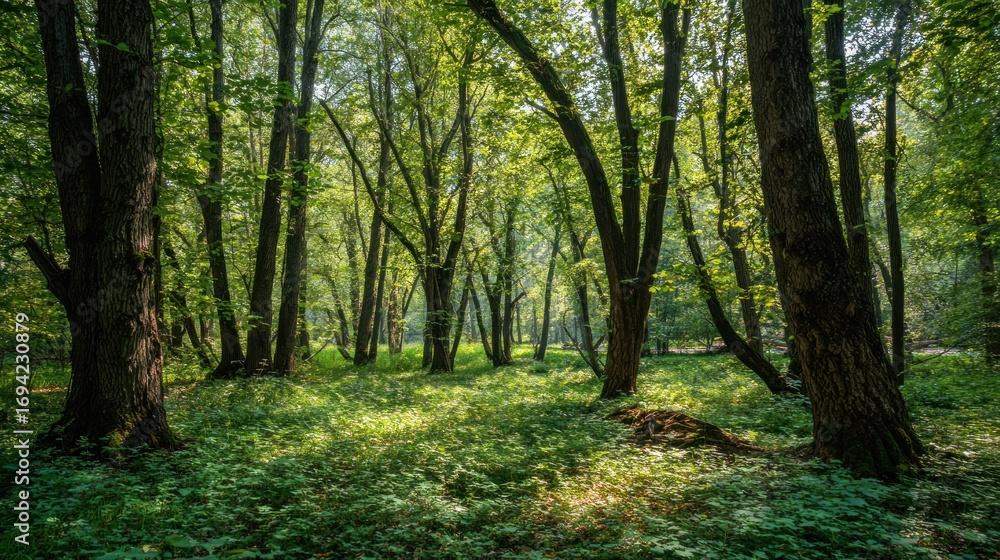 Naklejka premium Forest scene sunlight lush trees