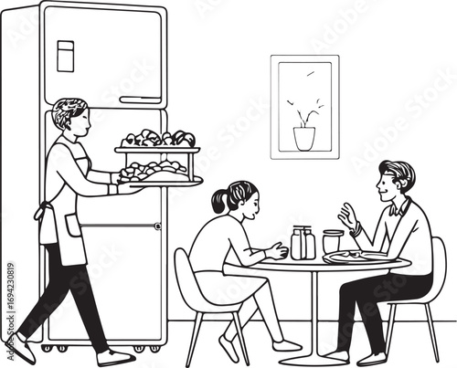 Family having a meal served from a refrigerator dinner