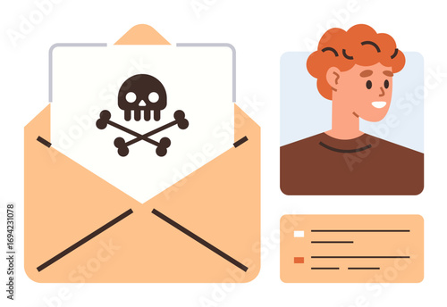 Open envelope containing a message with a skull and crossbones, paired with a user profile photo and details. Ideal for cybersecurity, identity theft, phishing, warnings, data breaches, internet