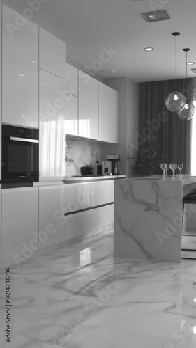 Modern White Kitchen with Marble Island and Floor