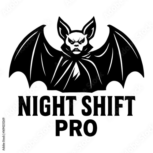 Night Shift Pro logo with a formidable, caped bat. Symbolizes nocturnal vigilance, professional expertise, and unwavering dedication. Ideal for night workers, teams, & services committed to peak perfo