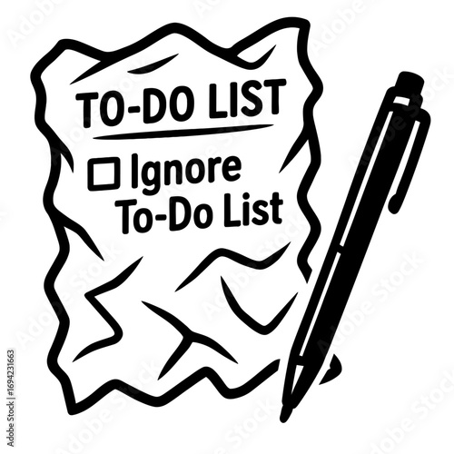 Humorous To-Do List Parody: A crumpled paper checklist featuring the ironic task 'Ignore To-Do List' alongside a pen, humorously depicting the ultimate act of procrastination and playful task avoidanc