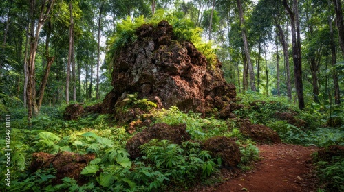 Rock formation in lush green forest