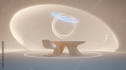 Futuristic Office Pod with Ashwood Desk and Acrylic Sculptural Chair, Seamless Matte White Biomorphic Space, Integrated LED Lighting, Holographic Display, Isometric View