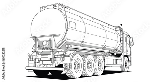 Illustration of a tanker truck isolated on white background, showcasing its cylindrical tank, ladder, wheels, and overall design in a detailed line drawing