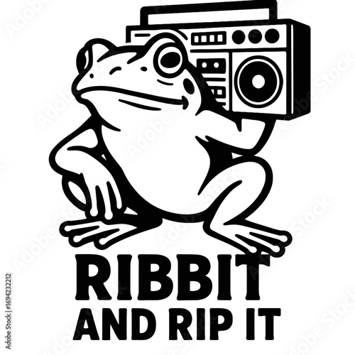 Groovy Frog with Boombox & 'Ribbit and Rip It' Slogan: Retro Amphibian Music Lover's Hip-Hop Vibe. Perfect for Vintage Audio Enthusiasts, Streetwear Aficionados, Cool Animal Graphics & Funky Froggy Be