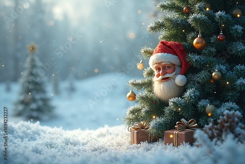 Hidden funny Santa Claus, snowy background