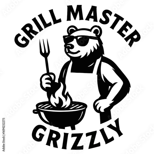 Grill Master Grizzly Logo: A Cool Bear in Sunglasses & Apron, Expertly Grilling with a Fork over Hot Flames. Perfect BBQ Mascot for Pitmasters & Backyard Cookouts. Bold, Fun & Unique Culinary Design.