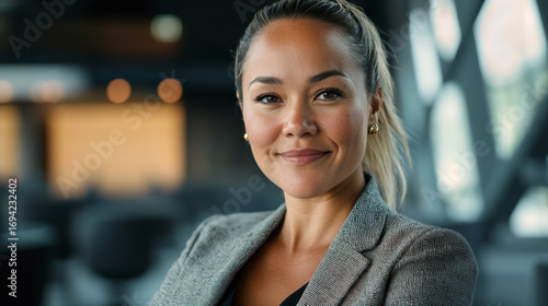 eine Pazifisch-asiatische Geschäftsfrau steht in einer modernen Lobby und blickt selbstbewusst in die Kamera,