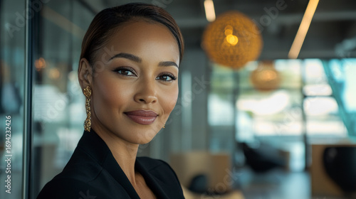 eine moderne, afroamerikanische Geschäftsfrau steht  in modernen Bürogebäude vor ihrem Büro und blickt selbstbewusst in die Kamera,