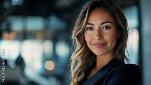 eine moderne, südamerikanische Geschäftsfrau steht in modernen Bürogebäude vor ihrem Büro und blickt selbstbewusst in die Kamera,
