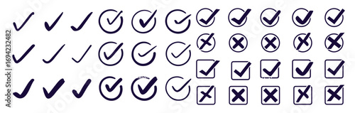 Check mark icon in hand drawn style. Handmade doodle vector illustration on isolated background. Cross, circles, arrow mark sign business concept