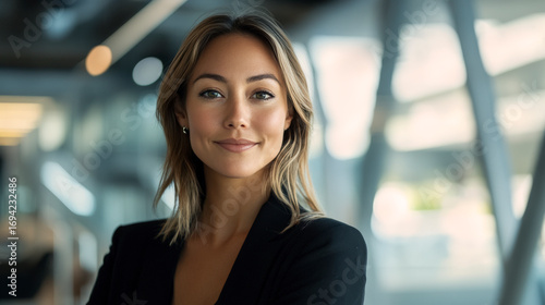 eine moderne, europäisch-asiatische Geschäftsfrau steht in modernen Bürogebäude vor ihrem Büro und blickt selbstbewusst in die Kamera,