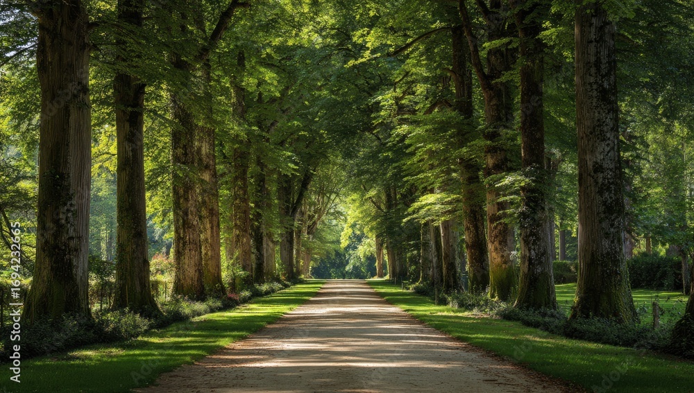 Naklejka premium A sunlit pathway lined with lush trees