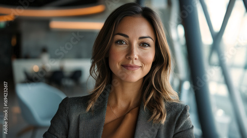 eine moderne, südeuropäisch Geschäftsfrau steht in modernen Bürogebäude vor ihrem Büro und blickt selbstbewusst in die Kamera,
