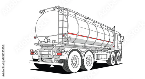 Illustration of a tanker truck isolated on white background, showcasing its cylindrical tank, ladder, wheels, and overall design in a detailed line drawing