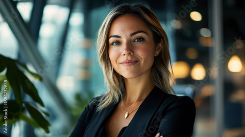 eine moderne, europäisch Geschäftsfrau steht in modernen Bürogebäude vor ihrem Büro und blickt selbstbewusst in die Kamera,
