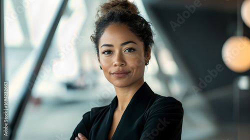 eine moderne, europäisch-arabische Geschäftsfrau steht in modernen Bürogebäude vor ihrem Büro und blickt selbstbewusst in die Kamera,