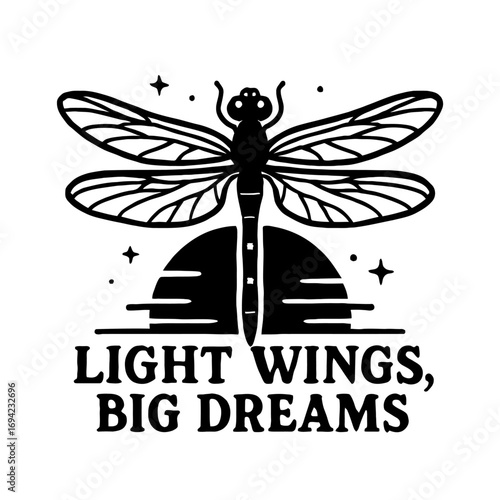 Enchanting black & white dragonfly silhouette soaring over a stylized cosmic horizon with twinkling stars, embodying 'Light Wings, Big Dreams' – a symbol of freedom, aspiration, and the beauty of natu