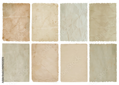 Vintage aged paper texture set. Old grunge parchment, retro antique background collection for design and scrapbooking